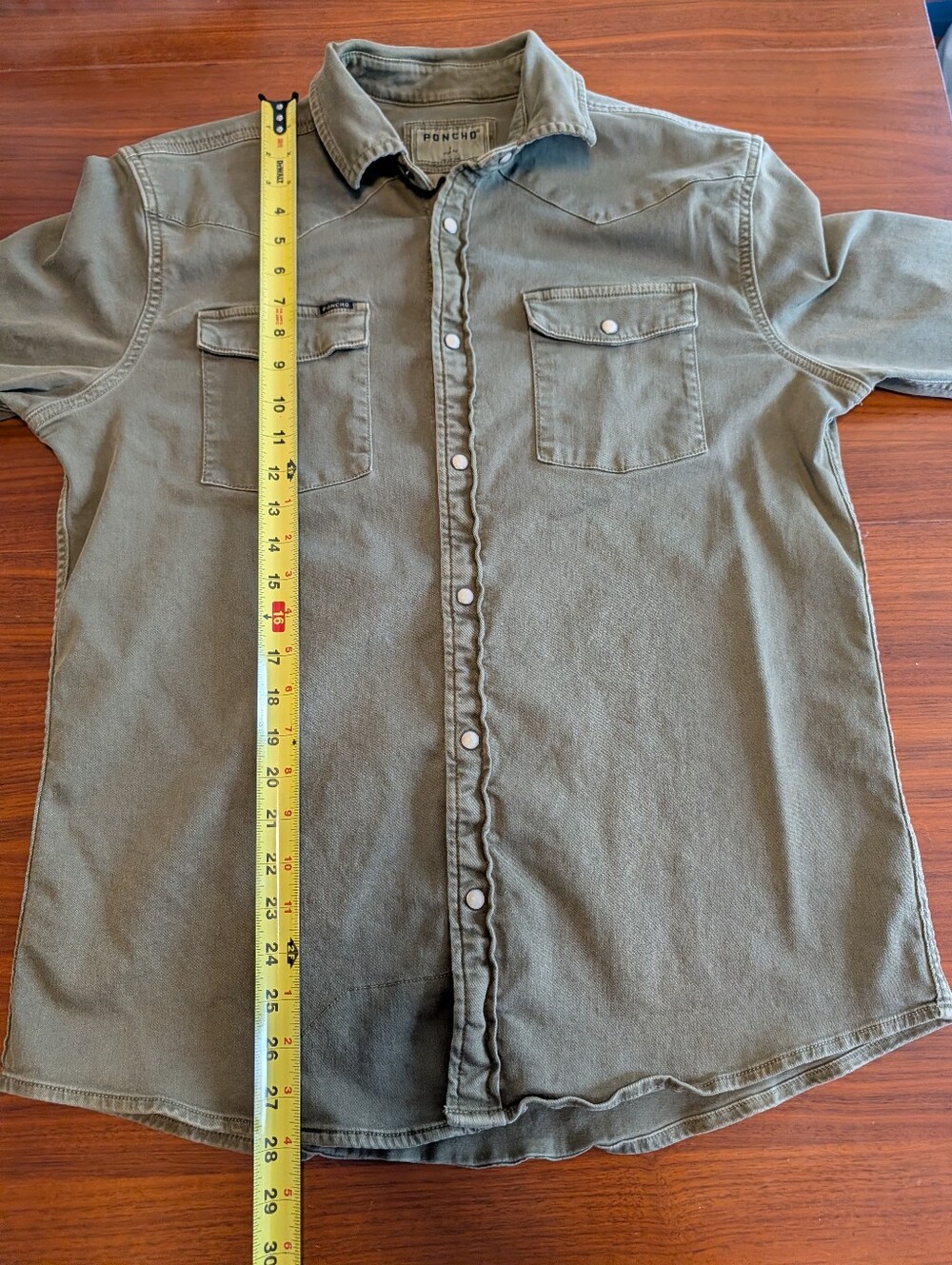 Poncho The Falfurrias Western Denim Pearl Snap Shirt Mens M Olive Green Slim Fit - Picture 6 of 7